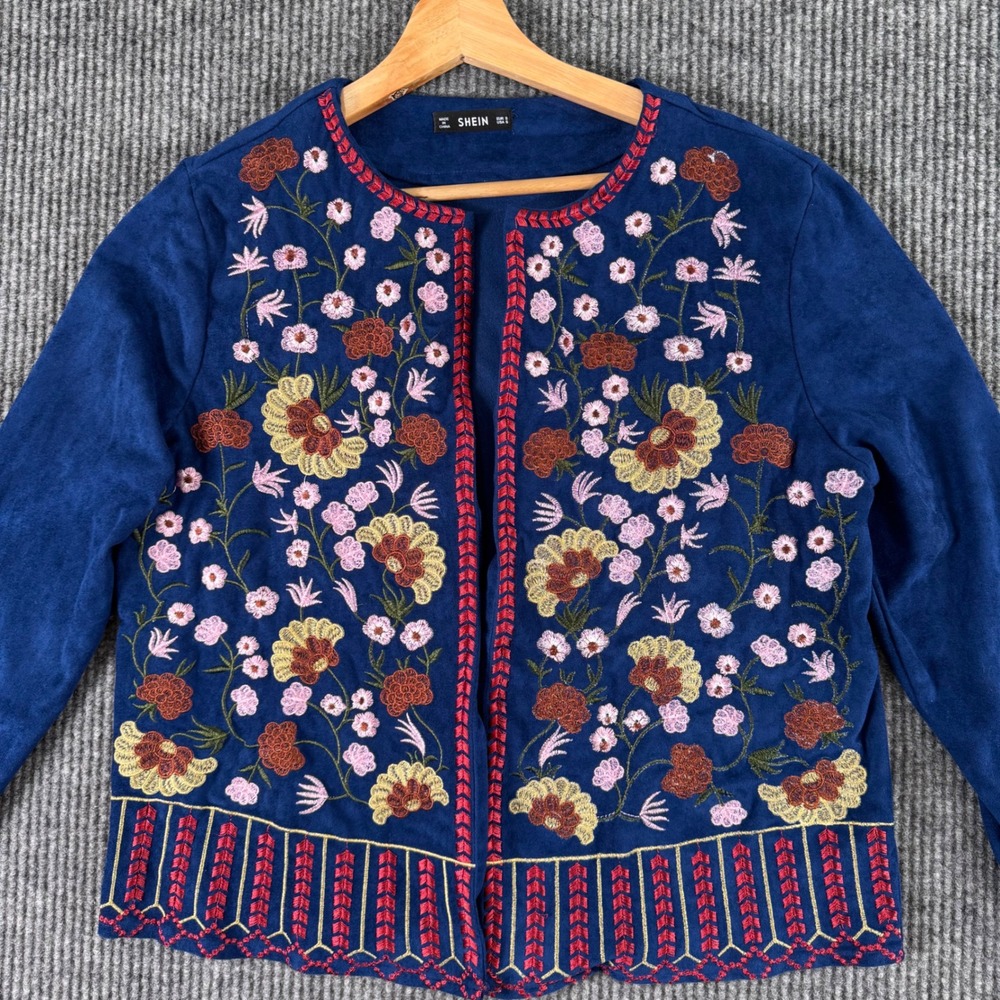 Shein Womens S Blue Floral Embroidered Jacket Boho‎ Festival Hippie Chic Layer